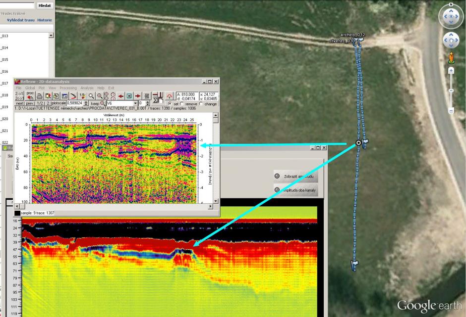 Radargram z orientačního a z podrobného měření a zpětné určení místa nálezu podle GPS dat.