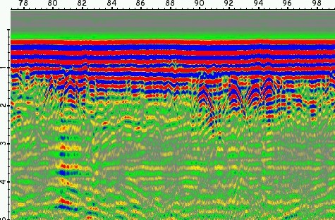 Radarogram kořenů v jílových sedimentech