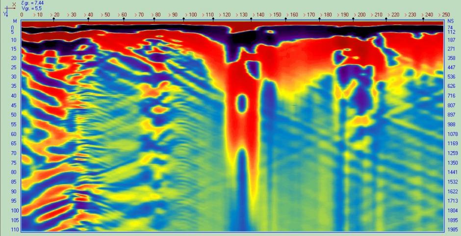 Radarogram terasy lomu v hloubce 152m